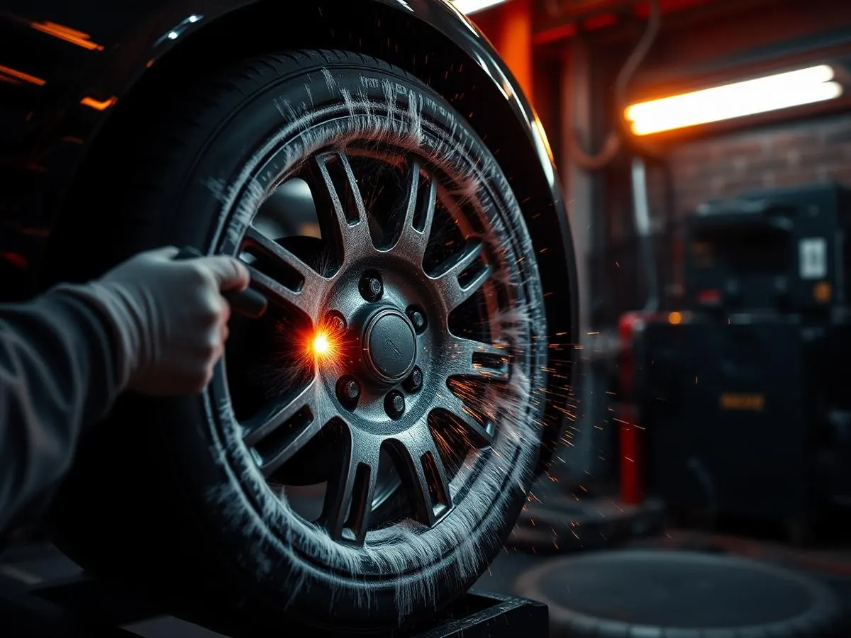 Professional sandblasting an alloy wheel down to bare metal inside the Superior Powder Coatings workshop in North Vancouver